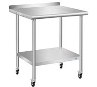 PIUMACU Mesa de acero inoxidable con ruedas de 30 x 30 pulgadas con protector contra salpicaduras, mesa de preparación comercial de acero inoxidable, mesa de metal de acero inoxidable NSF para el