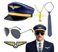 PIUMOJ Kit de Disfraz de Piloto-5 Piezas Accesorios de Disfraz de Capitán Piloto, Incluye gorra ajustable, gafas de sol de piloto e insignias. Disfraz de Halloween rápido para hombres y mujeres.