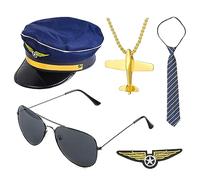 PIUMOJ Kit de Disfraz de Piloto: Accesorios del Capitán con Sombrero, Gafas de Sol, Corbata, Insignia y Collar - 5 Piezas