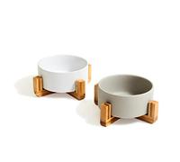 PiuPet 2x850ml Comedero Perro y Gato, Cuenco Cerámica con Soporte Bambú
