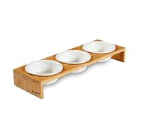 PiuPet 3X Comedero Gato Elevado de Cerámica - Platos para Gatos y Perros | Set de 3 cuencos de gres con soporte de bambú ergonómico y antideslizante para comida húmeda o seca, apto para lavavajillas.
