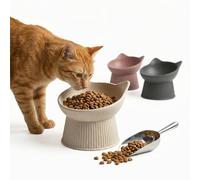 PiuPet® Comedero Elevado para Gatos con inclinación 15° I Comedero ergonómico para Comida húmeda y Seca I Apto para Bigotes I Antideslizante I Apto para lavavajillas I Anti vómitos (Beige)