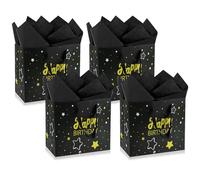 PIWOSGOL 4 Bolsas de Regalo de Cumpleaños Grandes, Bolsas de Regalo Negras con Papel de Seda, Bolsas de Papel “Happy Birthday” con Asas para Mujer, Hombre, Niño y Niña - 30 x 23,8 x 13,5 cm