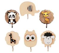 PIWOSGOL 6 Piezas Ganchos de Pared para Infantil, Perchero Pared Madera, Ganchos Adhesivos para Niños, Gancho Con Diseño De Animales para Habitación de Los Niños, Baño, Cocina, Salón