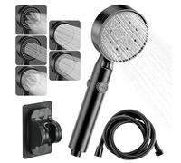 PIWOSGOL Alcachofa de Ducha de Alta Presión,Cabezal Ducha de 5 Modos con 1.5M Manguera,Ducha de Mano con Botón Interruptor Ahorro de Agua,Mango Ducha Baño,Alcachofa Ducha Negra con Soporte