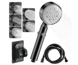 PIWOSGOL Alcachofa de Ducha de Alta Presión,Cabezal Ducha de 5 Modos con 1.5M Manguera,Ducha de Mano con Botón Interruptor Ahorro de Agua,Mango Ducha Baño,Alcachofa Ducha Negra con Soporte