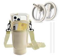 PIWOSGOL Bolsa para Stanley Cup 40oz con Correa Ajustable para el Hombro 2 Tapa para Stanley Anti Goteo Reutilizables de 40 oz con 2 Paja para Senderismo, Viajes, Camping (Beige)