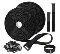 PIWOSGOL Cinta De 10m x 2cm Con 50 Hebillas, Longitud Ajustable y Recortable, Bridas De Cable Reutilizables y Regulables(Negro)