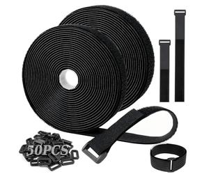 PIWOSGOL Cinta De 10m x 2cm Con 50 Hebillas, Longitud Ajustable y Recortable, Bridas De Cable Reutilizables y Regulables(Negro)