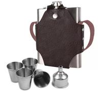 PIWOSGOL Petaca de acero inoxidable con embudo y 4 tazas pequeñas de 532 ml/18oz XL, juego de petaca de acero inoxidable con funda de piel sintética marrón con correa para whisky, ron, vodka, adecuado