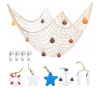 PIWOSGOL Redes de Pesca 100 cm × 200 cm Red Pesca Decoracion con Conchas,Red de Peces Decoración de Pared,con 6 Piezas de Decoración Marina para Mediterráneo Decoracion Habitacion Decoracion Pared