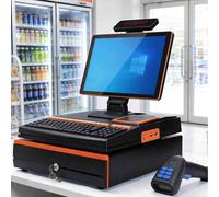 PixCy Máquina Caja Registradora Táctil Doble Pantalla,Caja Registradora Negocio,15,6"+ 8G+128GB,Escáner Portátil + Cajón Efectivo + Impresora Integrada,Restaurante/Supermercado Single