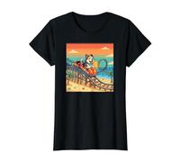 Pixel Dog en la montaña Rusa, Puesta de Sol Retro de Happy Husky Beach Camiseta gráfica económica, Mujer, Negro, XL