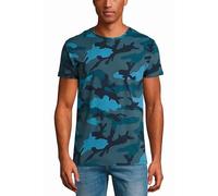 PIXEL EVOLUTION - Camiseta de manga corta para hombre, diseño de camuflaje y cuello redondo, 100% algodón peinado, azul y verde militar, azul, L