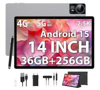 PIXGOOD 2.5K Android 15 Tableta 14 Pulgadas, 4G Lte/5G WiFi, INCELL 2240x1400, 11580mAh, 36GB RAM, 256GB ROM (Extensión 2TB), Octa-Core, 13MP+8MP, Tablet con Custodia/Auricular/GPS/Bluet 5.0 (Sliver)