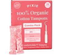 Pixie - Paquete combinado de tampones de algodón orgánico, regular y súper absorción, aplicador largo sin BPA, sin perfume, cuidado femenino sin cloro, 24 unidades