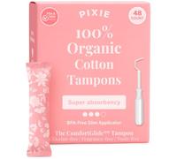Pixie - Tampones de algodón orgánico, superabsorbencia, aplicador largo sin BPA, sin perfume, cuidado femenino sin cloro, 48 unidades