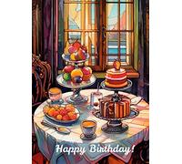 PIXILUV Tarjeta de felicitación de feliz cumpleaños ~ Impresionante brunch colorido brillante para untar postres y frutas ~ Tarjeta grande vintage