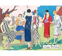 Pixiluv Tarjeta de felicitación de feliz cumpleaños ~ Joyful Pretty Women at a Summery Vintage Art Deco Garden Party~ Tarjeta de felicitación grande vintage