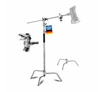 pixly® Trípode de acero inoxidable ajustable profesional en C con brazo de horca para estudio de fotografía y vídeo; trípode de iluminación con base de tortuga y cabezal de agarre; trípode de luz