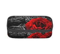 PIXOLE Caja de lápices con estampado de calavera floral negra, estuche para lápices, estuche de papelería para escuela, oficina, estuche para lápices para adultos, Rosas negras, blancas y rojas, Talla