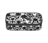 PIXOLE Caja de lápices con impresión de notas musicales en blanco y negro, estuche para lápices, estuche de papelería para escuela, oficina, estuche para lápices para adultos, Flores blancas y negras, Talla única, Organizador de bolsas
