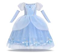 PIXUYE - Disfraz de Cenicienta para niña, vestido de princesa Cenicienta con corona princesa, collar conjunto de disfraz azul, Halloween, carnaval, fiesta, cumpleaños, Navidad, 3-8 años (140 cm)