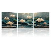 PIY PAINITING Cuadro En Lienzo, Impresión En Lienzo Estanque Flores, Pósters De Arte Hojas y Flores Verdes, Pintura En Lienzo Para Dormitorio Salón Cocina Salón Pasillo, 3Pz 30x30cm, Marco Interior