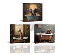 PIY PAINITNG Lienzo Arte Pared Animales, Jirafas Elefantes y Osos Lienzos Decorativos, Quadri Pintura De Animales, Lienzos Decorativos Para Baño Sala De Estar, Set De 3, 30x30cm (90x30cm), Enmarcado