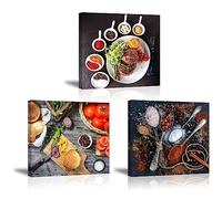Piy Painting 3 Piezas Impesiones de Lienzo, Filetes y Hamburguesas Imágenes, Arte de Pared Pinturas Murales Decoración -Comida Pinturas Murales Moderno Arte de Marco para Cocina 30x30cm