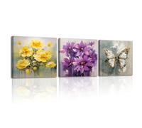 Piy Painting 3pcs Vintage Floral Artístico Cuadros Decorativos Salon Amarillo y Morado Impresiones De Lienzo Mariposa Laminas Decorativas Pared Dormitorios Quadros Pasillo Oficina 30×30cm