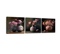 Piy Painting 3Pz Cuadros de Flores, Impresiones de lienzo, Flores de durazno en flor en un jarrón, Lienzos Decorativos con Marco Interior Cuadros Decoracion para Cocina Dormitorio 30x30cm
