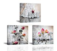 Piy Painting 3x Cuadro Sobre Lienzo Imagen Flores Rosas y Forma de Corazon Impresión Pinturas Murales Decoración Dibujo con Marco para Sala de estar Dormitorio Decor 30x30cm