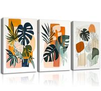 Piy Painting Abstracta Imagen En Lienzo, Moderno Cuadro De Pared, Hojas verdes Pintura Sobre Lienzo amarillo, Graffiti Botánica Cuadro Para Dormitorio, Baño, Sala Decor 3x 58x40 cm (Marco Interior)