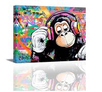 Piy Painting Animales Arte Mural, Impresión En Lienzo Chimpancé, Cuadro Moderno, Chimpancé Escuchando Música, Fácil De Colgar Para Dormitorio Baño Cafe, 30x40 cm, Marco Interior