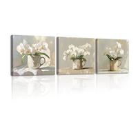 Piy Painting Arte Mural En Lienzo Floral, Cuadro En Lienzo Flor Blanca, Pintura Mural Romántica, Impresiones Artísticas Para Dormitorio Salón Baño Entrada, Fácil De Colgar, 3 Piezas 30x30cm (90x30cm)
