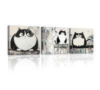 Piy Painting Arte Mural En Lienzo, Impresión En Lienzo De Animales, Lienzo Gatito Blanco y Negro, Fácil De Colgar Para Dormitorio Salón Entrada Vestíbulo Cafetería, Set De 3, 30x30cm /90x30cm