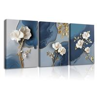 Piy Painting Arte Mural En Lienzo, Impresiones En Lienzo De Flores, Hojas Doradas y Flores Blancas Pintura Sobre Lienzo, Cuadro De Pared Para Dormitorio, Salón, Baño, 3x 40x30 cm, Marco Interior