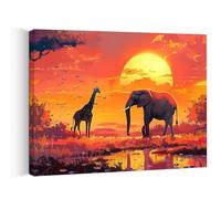 Piy Painting Cuadro en Lienzo de Paisaje Atardecer en el bosque, Elefante y Jirafa Imagen de lienzo, Cuadro Moderno, Decoracion de Pared Regalo para Salón Baño Oficina Bar 40x30 cm Marco Incorporado