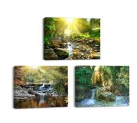Piy Painting Cuadro en Lienzo de Paisaje, Cascada, Riachuelo, Amanecer, Bosque Cuadro Decoracion Salon Moderno para Dormitorio, Baño, para regalo de cumpleaños, 3piezas 40x30cm, Marco Incorporado