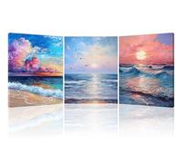 Piy Painting Cuadro en lienzo Paisaje marino, Pintura al óleo Cuadros de olas del océano, Impresiones de lienzo de paisaje, Lienzo Decorativo para Dormitorio Cocina set de 3, 30x40cm, Marco Interior