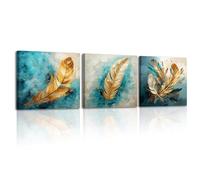 Piy Painting Cuadro en Lienzo Pluma dorada, Imagen de lienzo Pluma, Decoracion de Pared 3 Piezas Cuadro Moderno 30x30cm, Pósteres y grabados para decoración del hogar, Marco Incorporado
