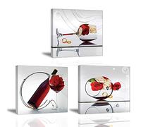 Piy Painting Cuadro Sobre Lienzo Imagen Copa de Vino Tinto con Flor Rosa Pintura Canvas Romántico Flores Wall Art con Seguridad Impresión de la Lona Dibujar Para Sala Comedor Cocina Regalo 3X 30x30cm