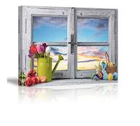 Piy Painting Cuadro sobre Lienzo Imagen, Hermosas Ventanas de Madera Impresión en Lienzo - Tulipanes de Flores Pinturas Murales Decor Dibujo con Marco para Dormitorio Regalo de Cumpleaños 30x40cm