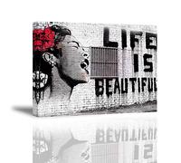 Piy Painting Cuadro sobre lienzo Pintura de pared, de Banksy, Life is Beautiful, Blanco, 40x30cm