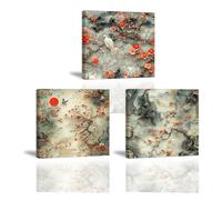 Piy Painting Cuadros De Lienzo Paisaje, Rojo Flor Natural Lienzo Imagen, Blanco Pájaro Impresiones Arte Mural, Pósteres De Arte Con Marco Interior Para Dormitorio, Baño, 3x 30x30 cm (30x90 cm)