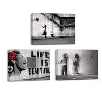 Piy Painting Cuadros Modernos, 3 Paneles Chica con globo rojo La vida es hermosa Graffiti Boys en la calle, Cuadro Decoracion Salon, Impresion de Lienzo para Baño Hotel, como Regalo 58X40CM