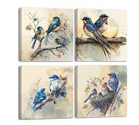 Piy Painting Cuadros Modernos pájaro azul Impresión de lienzos Cuadro sobre Lienzo Pinturas Murales Decoración Cuadros de animales Enmarcado Para Sala de estar Comedor Decoración de pared 4X 30x30cm