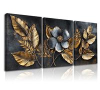 Piy Painting Cuadros Murales De Flores, Póster Artístico Negro y Dorado, Pintura Sobre Lienzo De Plantas, Fácil De Colgar Para Dormitorio Sala De Estar Despacho Sala De Reuniones Pasillo, 3x 58x40 cm