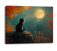 Piy Painting Impresión En Lienzo De Animales, Gatito Negro Lienzo Arte Pared, Gatito a La Luz De La Luna, Cuadro En Lienzo Para Dormitorio Entrada Vestíbulo Cafetería Bares, 30x40 cm